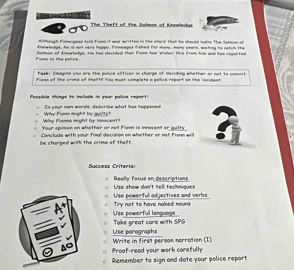 The Theft of the Salmon of Knowledge 
Although Finneigeas told Fionn it was written in the stars' that he should taste The Salmon of 
Knowledge, he is not very happy. Finneagas fished for many, many years, waiting to catch the 
Salmon of Knowledge. He has decided that Fionn has 'stolen' this from him and has reported 
Fionn to the police 
Task: Imagine you are the police officer in charge of deciding whether or not to convict 
Fionn of the crime of theft!! You must complete a police report on the 'incident' 
Possible things to include in your police report: 
In your own words, describe what has happened 
Why Fionn might by guilty? 
Why Fionna might by innocent? 
Your opinion on whether or not Fionn is innocent or guilty 
Conclude with your final decision on whether or not Fionn will 
be charged with the crime of theft. 
Success Criteria: 
Really focus on descriptions 
Use show don't tell techniques 
Use powerful adjectives and verbs 
Try not to have naked nouns 
Use powerful language 
Take great care with SPG 
Use paragraphs 
Write in first person narration (I) 
Proof-read your work carefully 
Remember to sign and date your police report