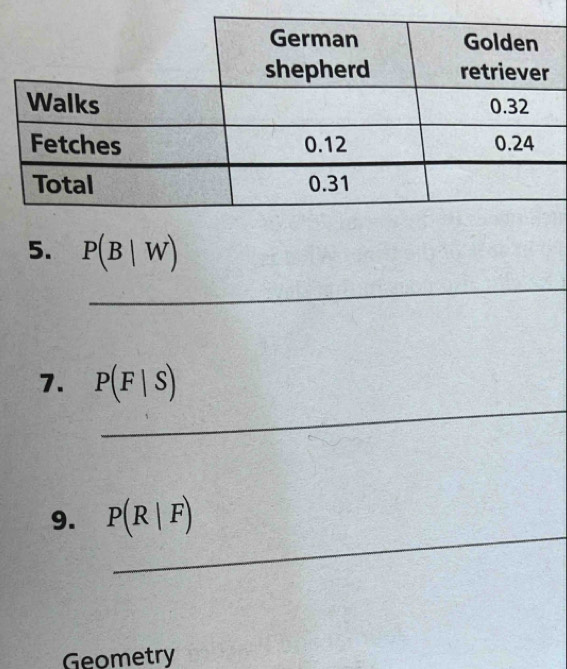 P(B|W)
_ 
7. P(F|S)
_ 
9. P(R|F)
Geometry