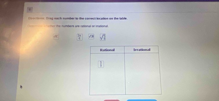 Directions: Drag each number to the correct location on the table.
Determine whether the numbers are rational or irrational.
sqrt(81)  3π /4  sqrt(18) sqrt(frac 4)9