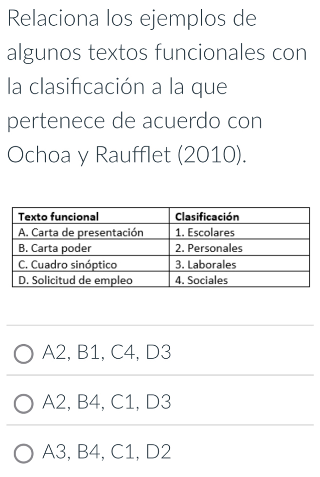 Relaciona los ejemplos de
algunos textos funcionales con
la clasificación a la que
pertenece de acuerdo con
Ochoa y Raufflet (2010).
A2, B1, C4, D3
A2, B4, C1, D3
A3, B4, C1, D2