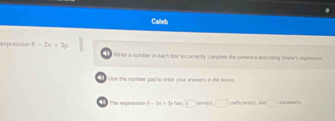 Caleb 
expression 8-2n+3p. 
Write a number in each box to correctly complete the sentence describing Shane's expression. 
Use the number pad to enter your answers in the boxes. 
The expression 8-2n+3j has 6term(s), □ coefficient(s). and □ variable(s)