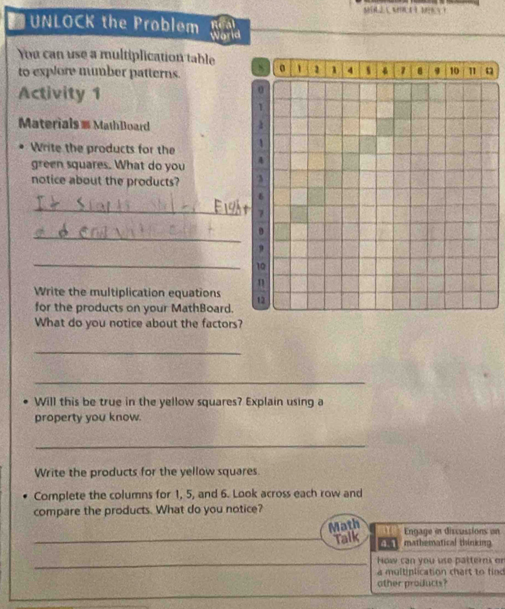 ■UNLOCK the Problem Real 
World 
You can use a multiplication table 
to explore mumber patterns.
1 1 1 4 、 1 8 9 10 1
Activity 1 
1 
Materials = MathBoard 
Write the products for the 
1 
green squares. What do you 
4 
notice about the products?
3
6
_
7
_ 
_
10
n 
Write the multiplication equations 12
for the products on your MathBoard. 
What do you notice about the factors? 
_ 
_ 
Will this be true in the yellow squares? Explain using a 
property you know. 
_ 
Write the products for the yellow squares. 
Complete the columns for 1, 5, and 6. Look across each row and 
compare the products. What do you notice? 
Math Engage in discussions on 
_Talk 41 mathematical thinking 
_How can you use patterns or 
a multiplication chart to find 
other products? 
_