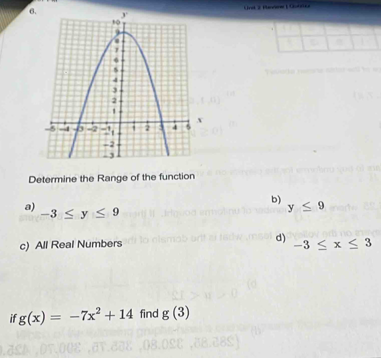 Unil 2 Review | Guror
.
Determine the Range of the function
b)
a) -3≤ y≤ 9
y≤ 9
c) All Real Numbers d) -3≤ x≤ 3
if g(x)=-7x^2+14 find g(3)