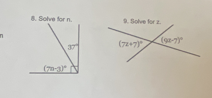 Solve for n. 9. Solve for z.
n