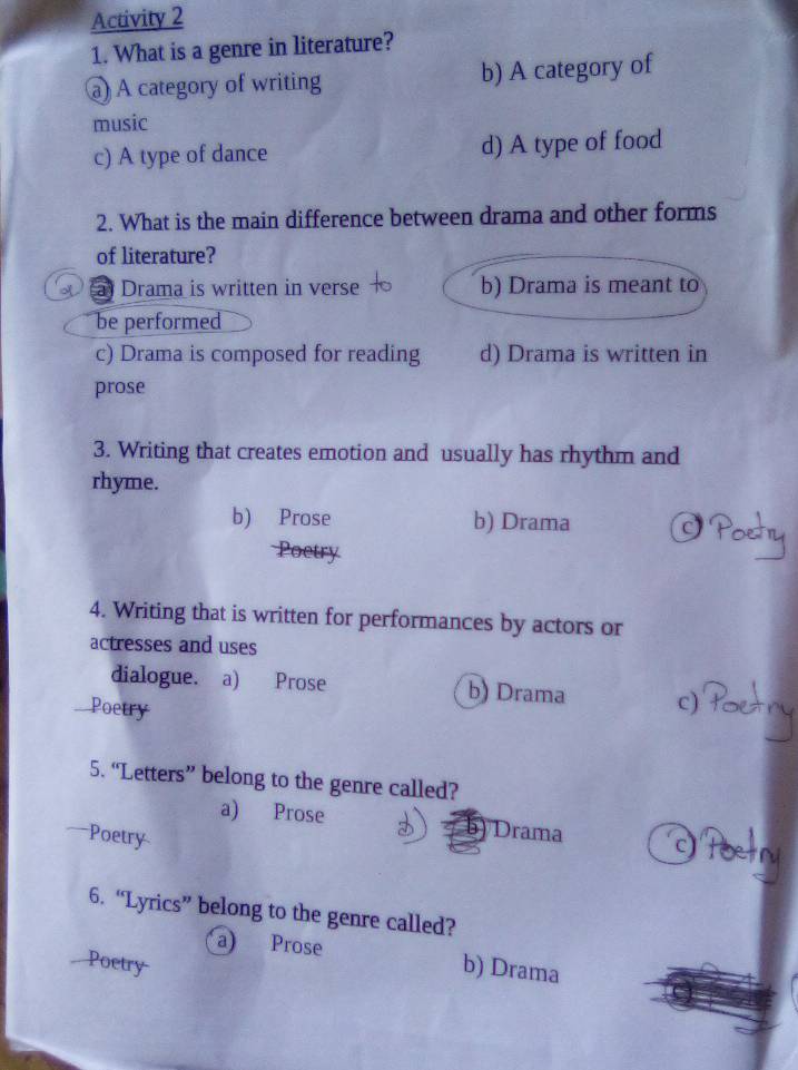 Activity 2
1. What is a genre in literature?
a) A category of writing b) A category of
music
c) A type of dance d) A type of food
2. What is the main difference between drama and other forms
of literature?
o a) Drama is written in verse b) Drama is meant to
be performed
c) Drama is composed for reading d) Drama is written in
prose
3. Writing that creates emotion and usually has rhythm and
rhyme.
b) Prose b) Drama
Poetry
4. Writing that is written for performances by actors or
actresses and uses
dialogue. a) Prose b) Drama c)
Poetry
5. “Letters” belong to the genre called?
a) Prose Drama
Poetry
b
6. “Lyrics” belong to the genre called?
a) Prose
Poetry b) Drama