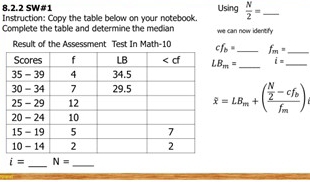 SW#1 Using  N/2 = _
Instruction: Copy the table below on your notebook.
Complete the table and determine the median we can now identify
Result of the Assessment Test In Math-10 cf_b= _ f_m= _
LB_m= _ i= _
hat x=LB_m+(frac  N/2 -cf_bf_m)
_
i= N= _