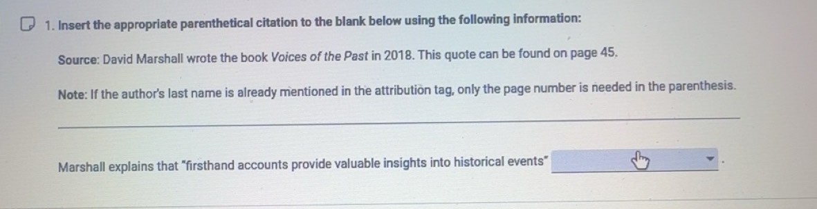 Solved: Insert the appropriate parenthetical citation to the blank ...