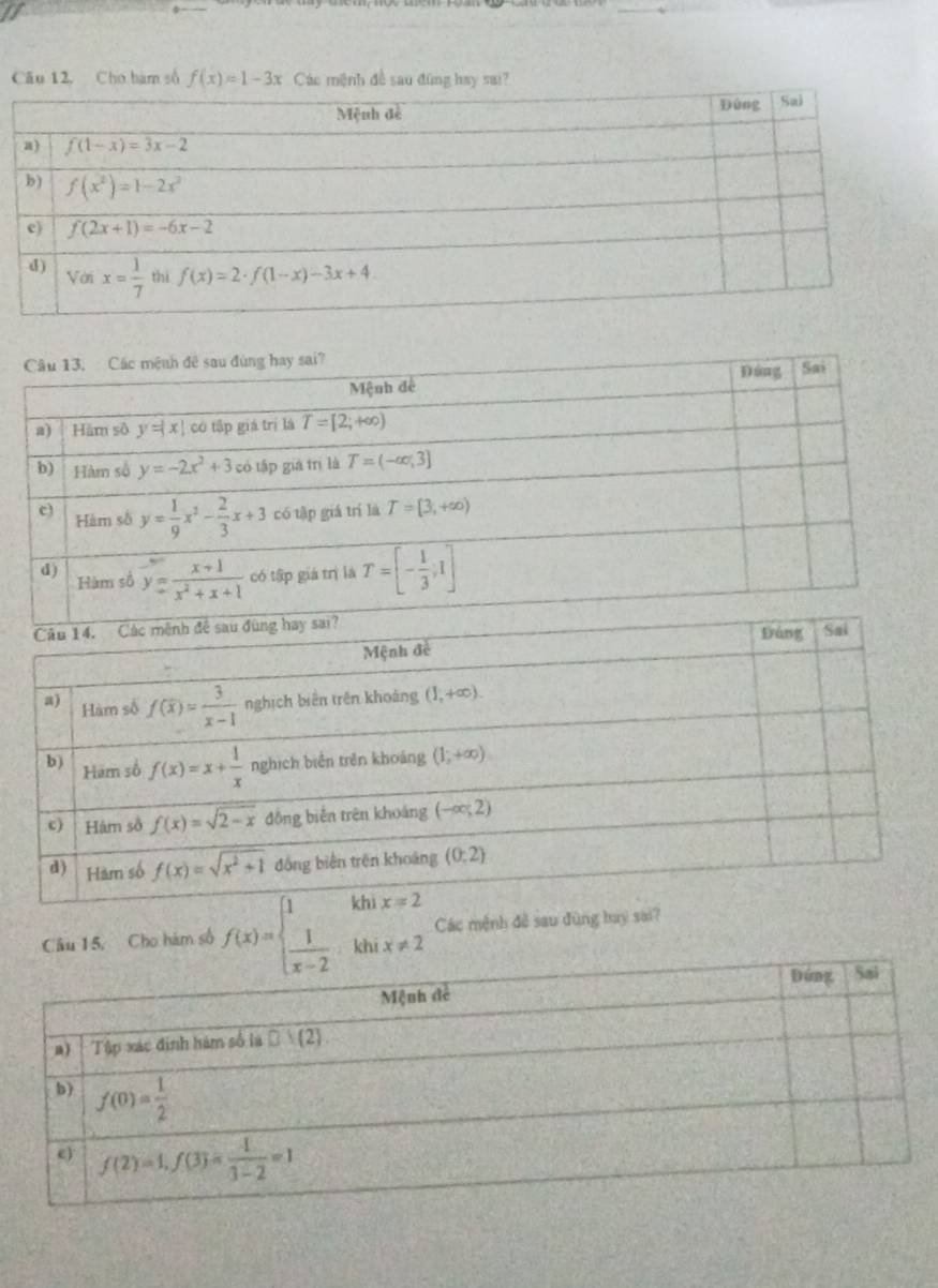 Cāu 12, Cho bàm số f(x)=1-3x Các mệnh đề sau đùng hay sai?
Câu 15, Cho hàm số f(x)=beginarrayl 1khx=2  1/x-2 .khix!= 2endarray. Các mệnh đễ sau đùng hay sai?