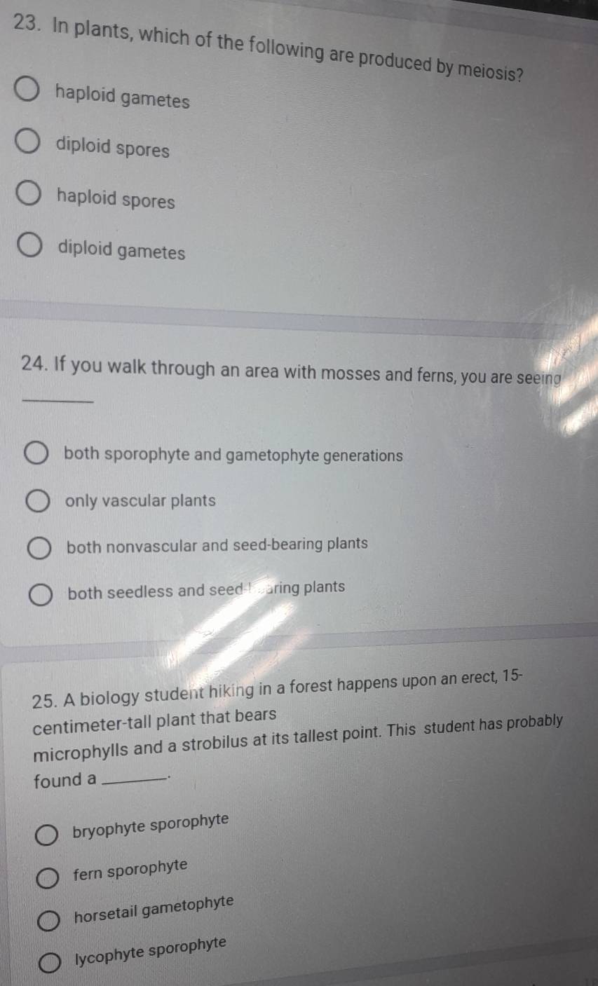 In plants, which of the following are produced by meiosis?
haploid gametes
diploid spores
haploid spores
diploid gametes
24. If you walk through an area with mosses and ferns, you are seeing
_
both sporophyte and gametophyte generations
only vascular plants
both nonvascular and seed-bearing plants
both seedless and seed I earing plants 
25. A biology student hiking in a forest happens upon an erect, 15-
centimeter -tall plant that bears
microphylls and a strobilus at its tallest point. This student has probably
found a __.
bryophyte sporophyte
fern sporophyte
horsetail gametophyte
lycophyte sporophyte