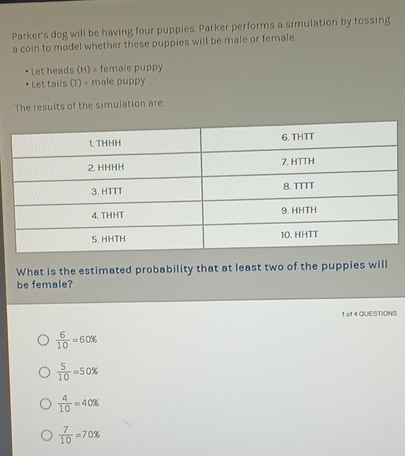 Parker's dog will be having four puppies. Parker performs a simulation by tossing
a coin to model whether these puppies will be male or female.
Let heads (H) = female puppy
Let tails (T) = male puppy
The results of the simulation are:
What is the estimated probability that at least two of the puppies will
be female?
1 of 4 QUESTIONS
 6/10 =60%
 5/10 =50%
 4/10 =40%
 7/10 =70%