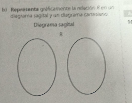 Representa gráficamente la relación R en un 
diagrama sagital y un diagrama cartesiano. 
Diagrama sagital 
1(
R