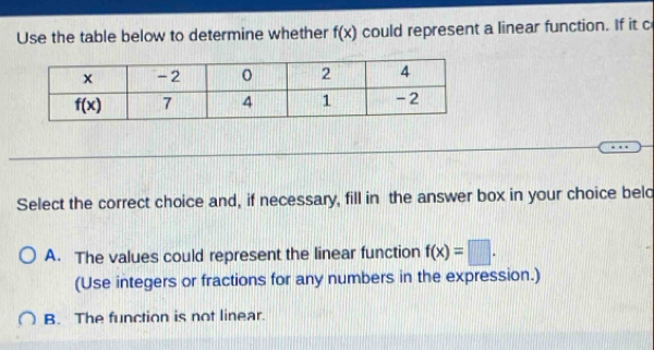 Use the table below to determine whether f(x) could represent a linear function. If it c
Select the correct choice and, if necessary, fill in the answer box in your choice beld
A. The values could represent the linear function f(x)=□ .
(Use integers or fractions for any numbers in the expression.)
B. The function is not linear.