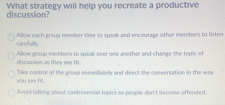 Solved: What strategy will help you recreate a productive discussion ...