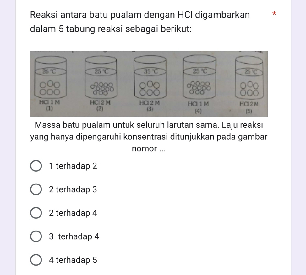 Reaksi antara batu pualam dengan HCI digambarkan *
dalam 5 tabung reaksi sebagai berikut:
26°C
25°C
35°C
25°C
25°C
HCl 1 M HCl 2M HCl 2 M HCl 1 M HCl 2 M
(1) (2) (3) (4) (5)
Massa batu pualam untuk seluruh larutan sama. Laju reaksi
yang hanya dipengaruhi konsentrasi ditunjukkan pada gambar
nomor ...
1 terhadap 2
2 terhadap 3
2 terhadap 4
3 terhadap 4
4 terhadap 5