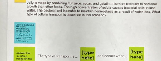 Jelly is made by combining fruit juice, sugar, and gelatin. It is more resistant to bacterial 
growth than other foods. The high concentration of solute causes bacterial cells to lose 
water. The bacterial cell is unable to maintain homeostasis as a result of water loss. What 
type of cellular transport is described in this scenario? 
Use your designated 
ANNOTATE the pen color so 
parograph while rt r partmer is 
reading, Underllne ar circle immartant 
cell transport Information aboul 
Answer the [type [type 
based on the question The type of transport is ... here] and occurs when... here]