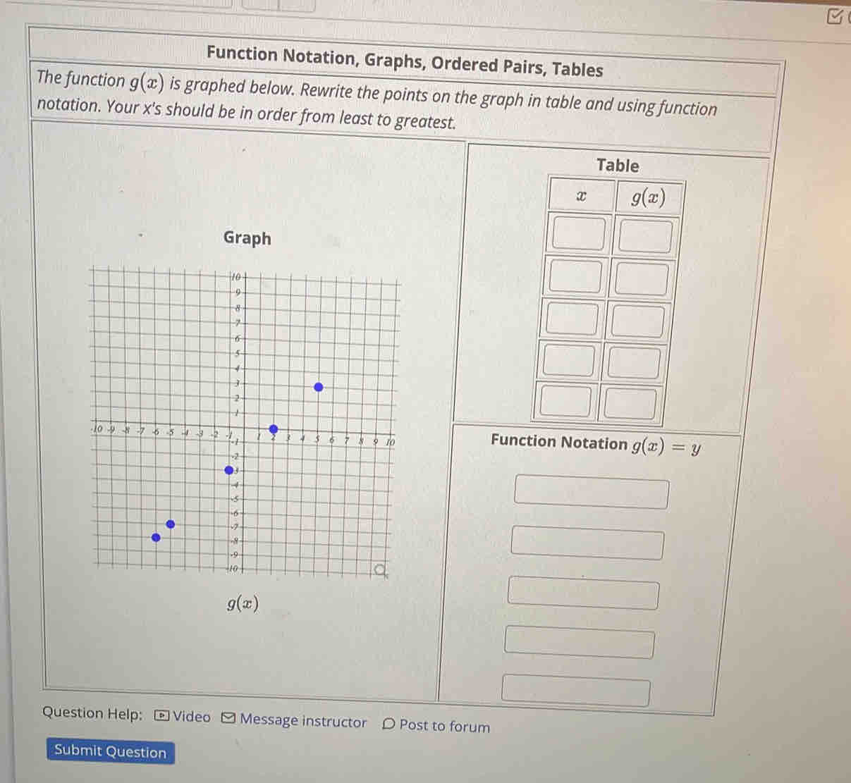 Function Notation, Graphs, Ordered Pairs, Tables 
The function g(x) is graphed below. Rewrite the points on the graph in table and using function 
notation. Your x 's should be in order from least to greatest. 
Table
x g(x)
Graph 
Function Notation g(x)=y
g(x)
Question Help: - Video - Message instructor 〇 Post to forum 
Submit Question