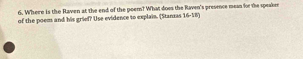 Where is the Raven at the end of the poem? What does the Raven’s presence mean for the speaker 
of the poem and his grief? Use evidence to explain. (Stanzas 16-18)