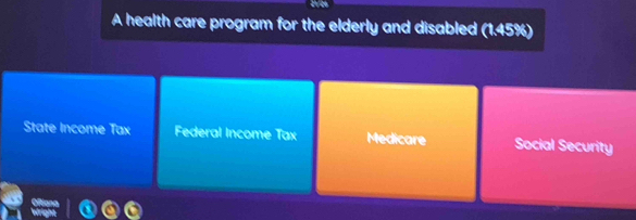 A health care program for the elderly and disabled (1.45% )
State Income Tax Federal Income Tax Medicare Social Security