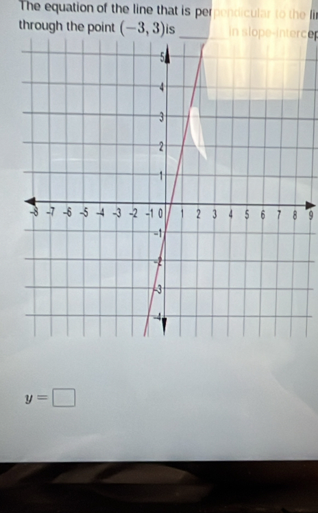 The equation of the line that is perpendicular to the li 
through the point (-3,3) is in slope-interce
9
y=□