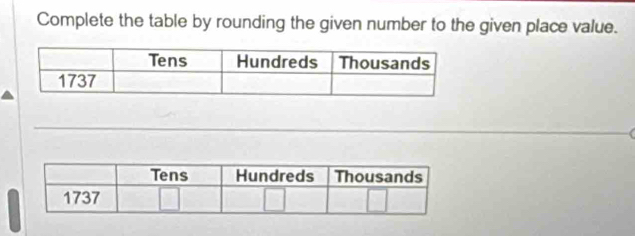 Complete the table by rounding the given number to the given place value. 
_