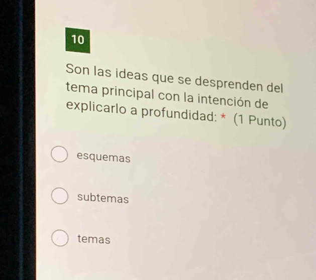 Son las ideas que se desprenden del
tema principal con la intención de
explicarlo a profundidad: * (1 Punto)
esquemas
subtemas
temas