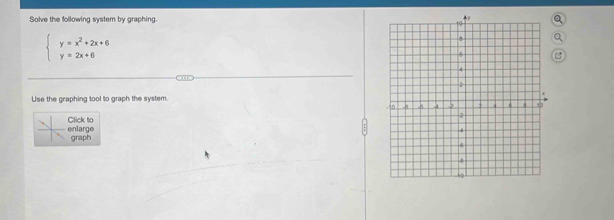 Solve the following system by graphing.
beginarrayl y=x^2+2x+6 y=2x+6endarray.
Use the graphing tool to graph the system. 
lick to 
nlarge 
graph