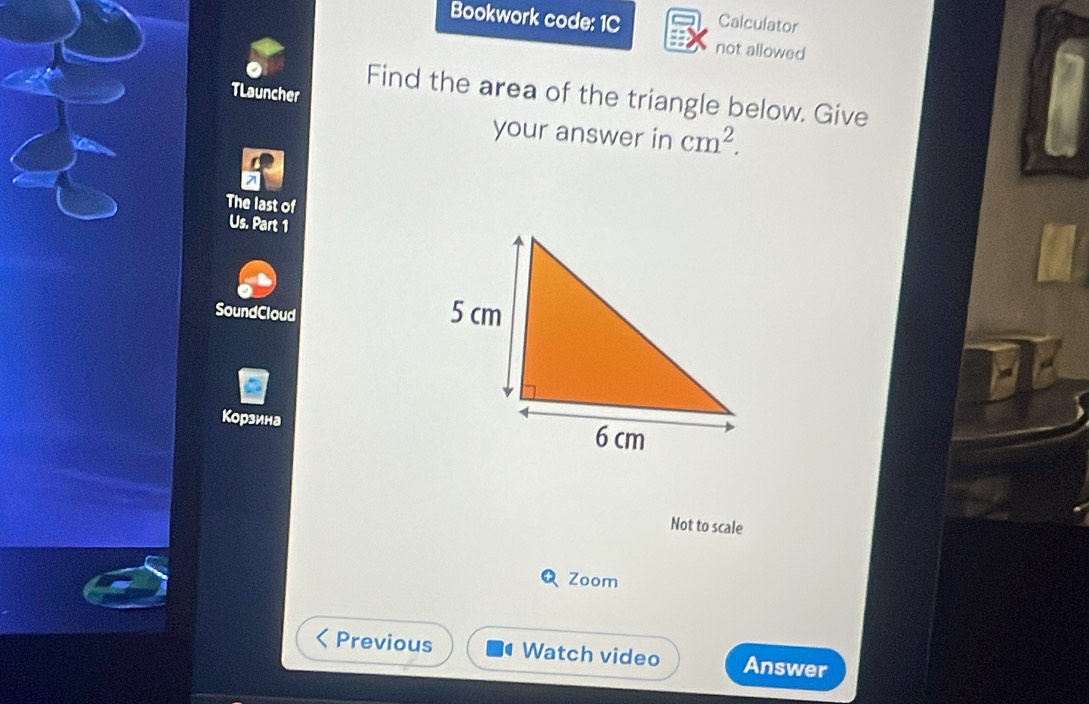 Bookwork code: 1C Calculator 
not allowed 
Find the area of the triangle below. Give 
TLauncher cm^2. 
your answer in 
The last of 
Us. Part 1 
SoundCloud 
Корзина 
Not to scale 
Zoom 
Previous Watch video Answer