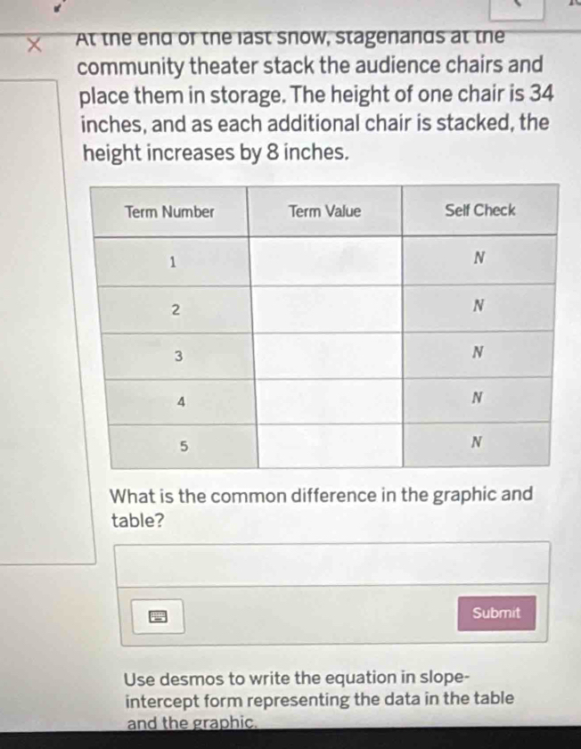 × At the end of the last snow, stagenands at the 
community theater stack the audience chairs and 
place them in storage. The height of one chair is 34
inches, and as each additional chair is stacked, the 
height increases by 8 inches. 
What is the common difference in the graphic and 
table? 

Submit 
Use desmos to write the equation in slope- 
intercept form representing the data in the table 
and the graphic.