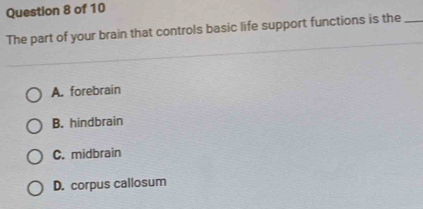 The part of your brain that controls basic life support functions is the_
A. forebrain
B. hindbrain
C. midbrain
D. corpus callosum