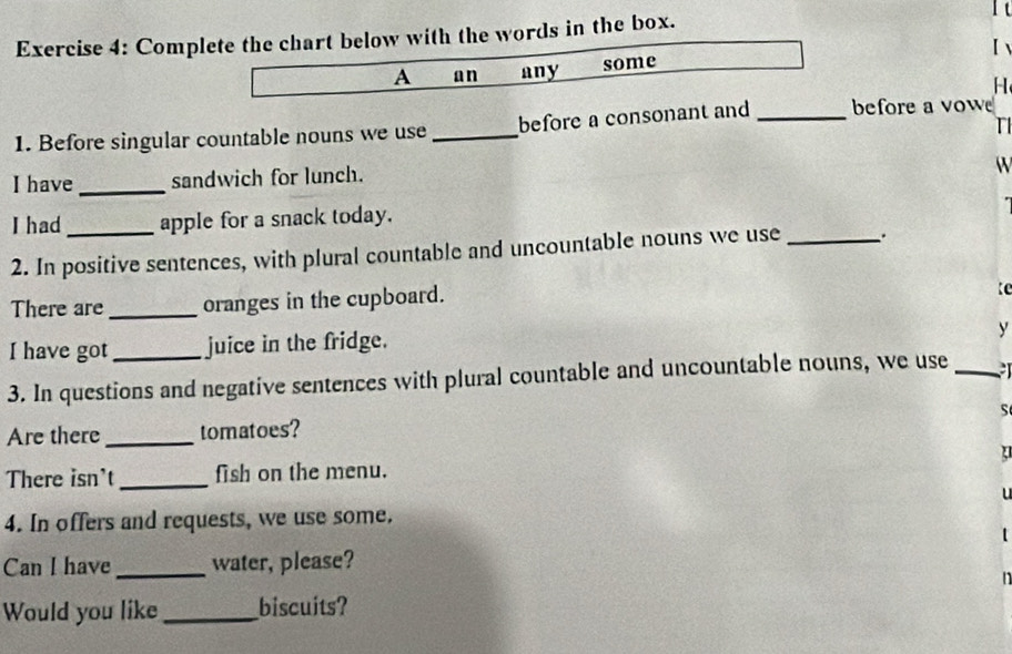 Complete the chart below with the words in the box. 
【 
A an any some 
H 
1. Before singular countable nouns we use _before a consonant and _before a vow 
T 
I have_ sandwich for lunch. 
 
I had_ apple for a snack today. 
2. In positive sentences, with plural countable and uncountable nouns we use _. 
There are _oranges in the cupboard. 
te 
I have got _juice in the fridge. 
y 
3. In questions and negative sentences with plural countable and uncountable nouns, we use _ 
Are there_ tomatoes? S 
There isn't _fish on the menu. 
L 
4. In offers and requests, we use some. 
t 
Can I have_ water, please? 

Would you like _biscuits?