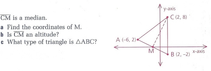 overline CM is a median.
a Find the coordinates of M.
b Is overline CM an altitude?
c What type of triangle is △ ABC