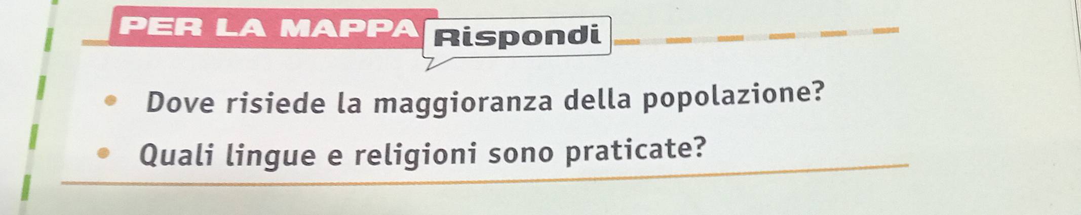 PER LA MAPPA Rispondi 
Dove risiede la maggioranza della popolazione? 
Quali lingue e religioni sono praticate?