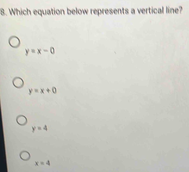 Which equation below represents a vertical line?
y=x-0
y=x+0
y=4
x=4