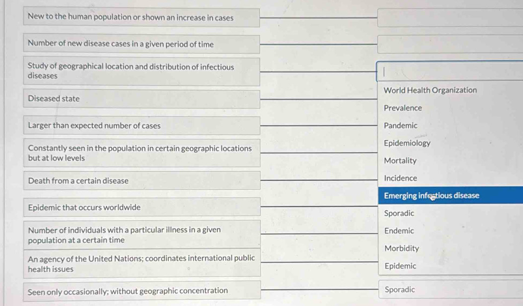 New to the human population or shown an increase in cases 
Number of new disease cases in a given period of time 
Study of geographical location and distribution of infectious 
diseases 
World Health Organization 
Diseased state 
Prevalence 
Larger than expected number of cases Pandemic 
Epidemiology 
Constantly seen in the population in certain geographic locations 
but at low levels Mortality 
Death from a certain disease Incidence 
Emerging infectious disease 
Epidemic that occurs worldwide 
Sporadic 
Number of individuals with a particular illness in a given Endemic 
population at a certain time 
Morbidity 
An agency of the United Nations; coordinates international public Epidemic 
health issues 
Seen only occasionally; without geographic concentration Sporadic