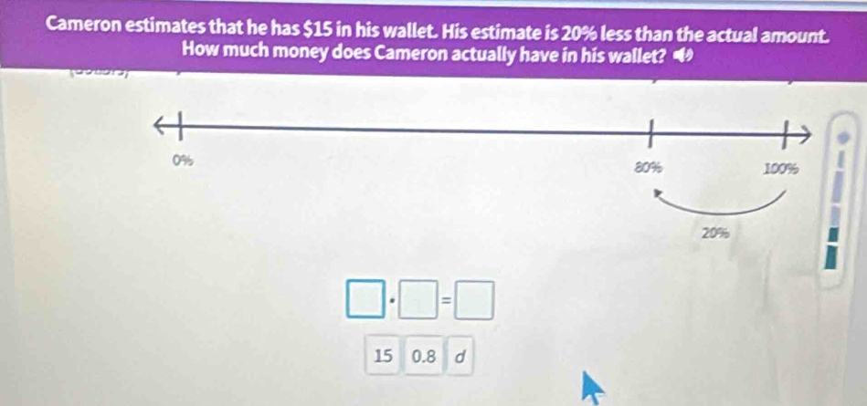 Cameron estimates that he has $15 in his wallet. His estimate is 20% less than the actual amount. 
How much money does Cameron actually have in his wallet? “
□ · □ =□
15 0.8 d