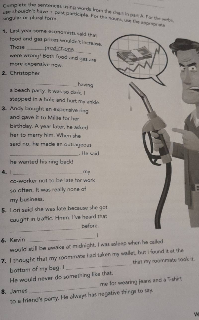 Complete the sentences using words from the chart in part A. For the verbs, 
use shouldn't have + past participle. For the nouns, use the appropriate 
singular or plural form. 
1. Last year some economists said that 
food and gas prices wouldn’t increase. 
_ 
Those n r e diction s 
were wrong! Both food and gas are 
more expensive now. 
2. Christopher 
_having 
a beach party. It was so dark, I 
stepped in a hole and hurt my ankle. 
3. Andy bought an expensive ring 
and gave it to Millie for her 
birthday. A year later, he asked 
her to marry him. When she 
said no, he made an outrageous 
_. He said 
he wanted his ring back! 
4. |_ my 
co-worker not to be late for work 
so often. It was really none of 
my business. 
5. Lori said she was late because she got 
caught in traffic. Hmm. I’ve heard that 
_ 
before. 
_ 
| 
6. Kevin 
would still be awake at midnight. I was asleep when he called. 
7. I thought that my roommate had taken my wallet, but I found it at the 
bottom of my bag. I _that my roommate took it. 
He would never do something like that. 
_ 
me for wearing jeans and a T-shirt 
8. James 
to a friend's party. He always has negative things to say.