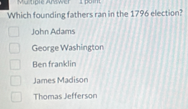 Multiple Answer 1 poin
Which founding fathers ran in the 1796 election?
John Adams
George Washington
Ben franklin
James Madison
Thomas Jefferson