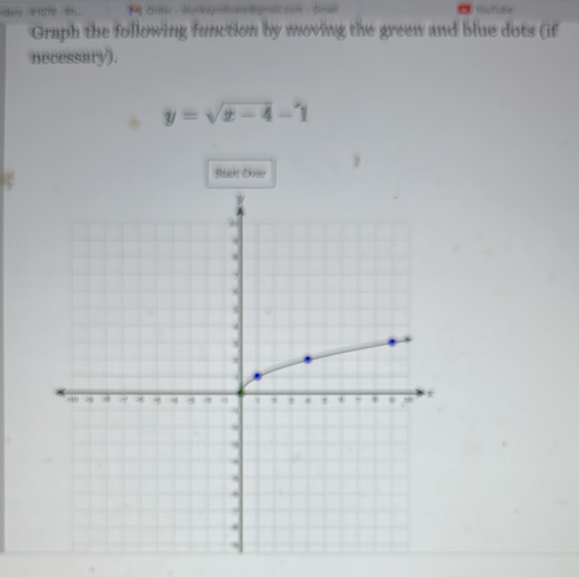 Graph the following function by moving the green and blue dots (if 
necessary).
y=sqrt(x-4)-1
Stak Over