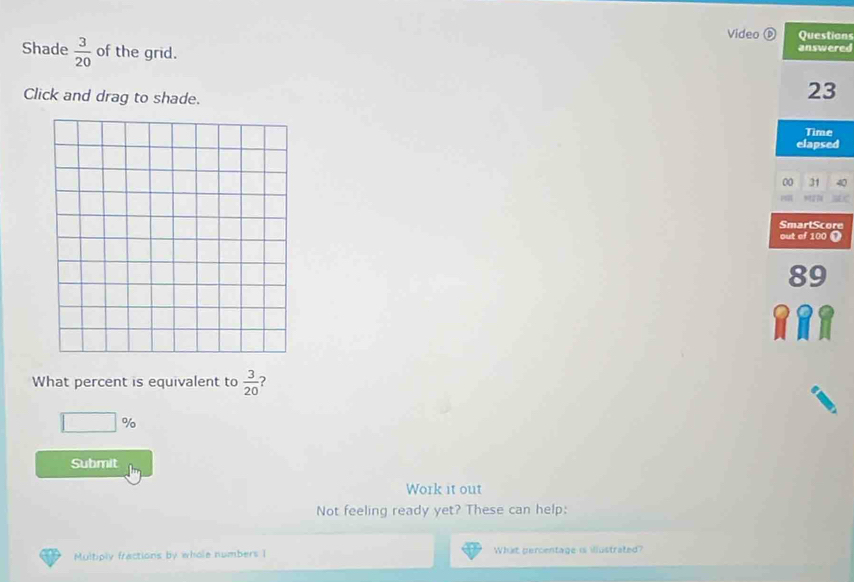 Video Questions 
Shade  3/20  of the grid. answered 
Click and drag to shade.
23
Time 
elapsed 
00 31 
SmartScore 
out of 100 Ω
89
What percent is equivalent to  3/20 
□ %
Submit 
Work it out 
Not feeling ready yet? These can help: 
Multiply fractions by whole numbers I What percentage is Wustrated?