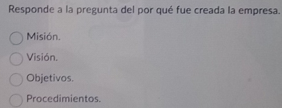 Responde a la pregunta del por qué fue creada la empresa. 
Misión. 
Visión. 
Objetivos. 
Procedimientos.