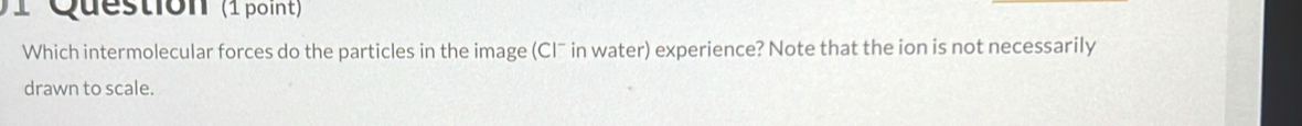 Question (1 point) 
Which intermolecular forces do the particles in the image (CIˉ in water) experience? Note that the ion is not necessarily 
drawn to scale.