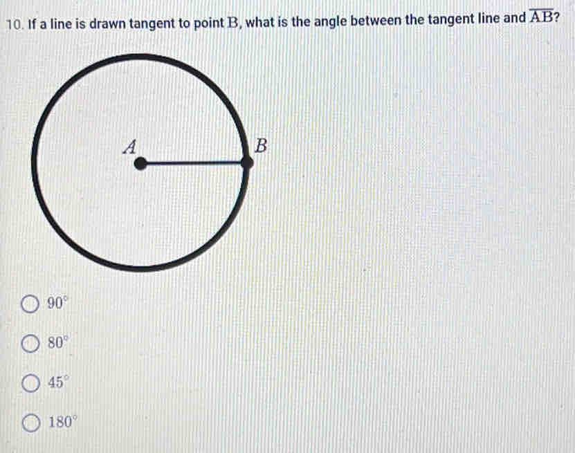 If a line is drawn tangent to point B, what is the angle between the tangent line and overline AB
90°
80°
45°
180°