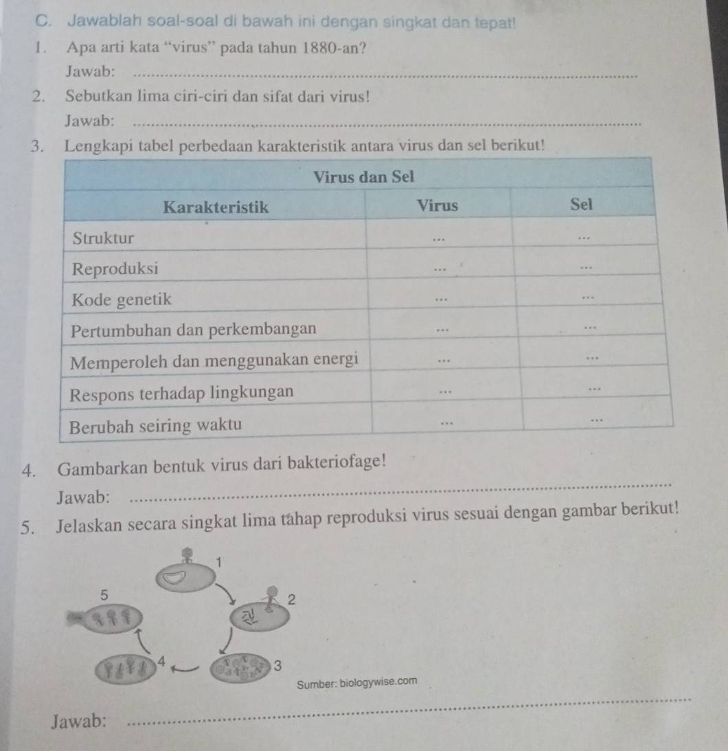 Jawablah soal-soal di bawah ini dengan singkat dan tepat! 
1. Apa arti kata “virus” pada tahun 1880-an? 
Jawab:_ 
2. Sebutkan lima ciri-ciri dan sifat dari virus! 
Jawab:_ 
3. Lengkapi tabel perbedaan karakteristik antara virus dan sel berikut! 
4. Gambarkan bentuk virus dari bakteriofage! 
Jawab: 
_ 
5. Jelaskan secara singkat lima tahap reproduksi virus sesuai dengan gambar berikut! 
_ 
ber: biologywise.com 
Jawab: