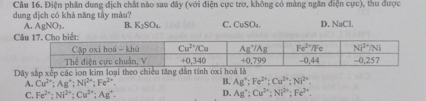 Điện phân dung dịch chất nào sau đây (với điện cực trơ, không có màng ngăn điện cực), thu được
dung dịch có khả năng tầy màu?
A. AgNO_3. B. K_2SO_4. C. CuSO_4. D. NaCl.
C
Dãy sắp xếp các ion kim loại theo chiều tăng dần tính oxi hoá là
A. Cu^(2+);Ag^+;Ni^(2+);Fe^(2+). B. Ag^+;Fe^(2+);Cu^(2+);Ni^(2+).
C. Fe^(2+);Ni^(2+);Cu^(2+);Ag^+. D. Ag^+;Cu^(2+);Ni^(2+);Fe^(2+).