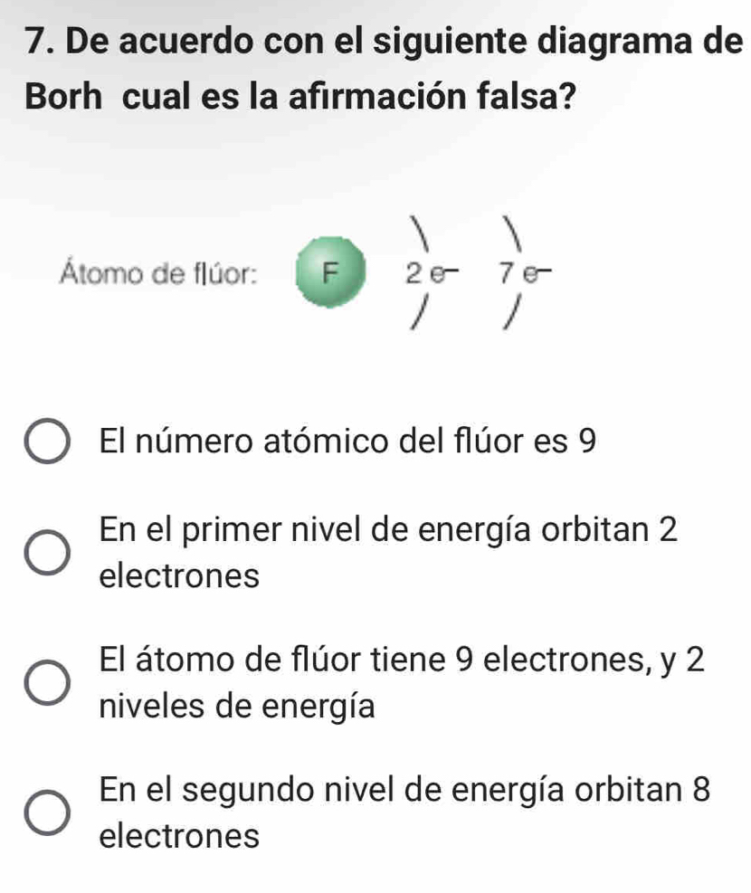 De acuerdo con el siguiente diagrama de
Borh cual es la afirmación falsa?
Átomo de flúor: F 2e 7 e

El número atómico del flúor es 9
En el primer nivel de energía orbitan 2
electrones
El átomo de flúor tiene 9 electrones, y 2
niveles de energía
En el segundo nivel de energía orbitan 8
electrones