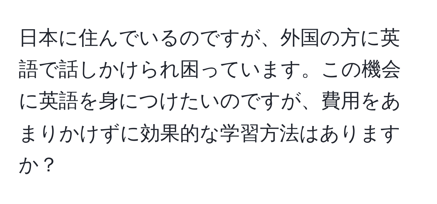 日本に住んでいるのですが、外国の方に英語で話しかけられ困っています。この機会に英語を身につけたいのですが、費用をあまりかけずに効果的な学習方法はありますか？