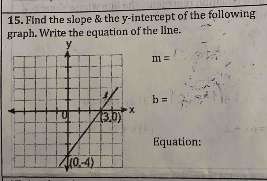 Find the slope & the y-intercept of the following
graph. Write the equation of the line.
m=
b=
Equation: