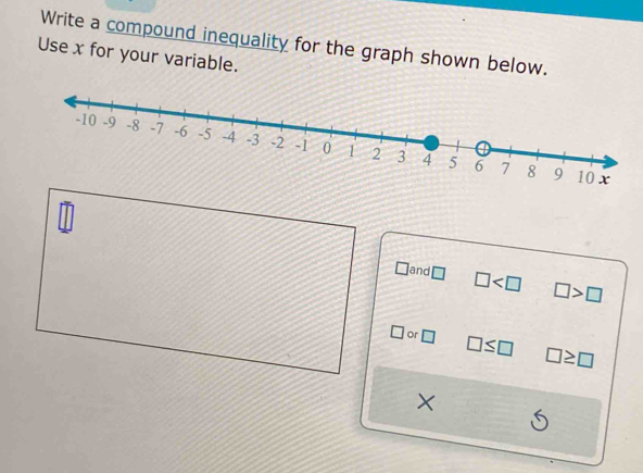 Write a compound inequality for the graph shown below.
Use x for your variable.
8 9 10 x
□ and □ □ >□
□ or □ □ ≤ □ □ ≥ □
X