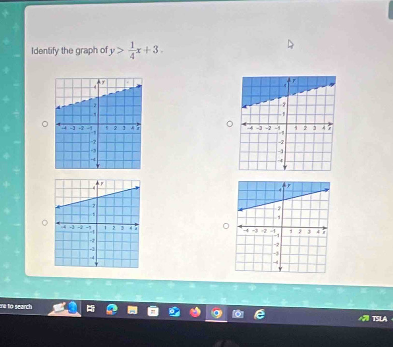 Identify the graph of y> 1/4 x+3. 


re to search