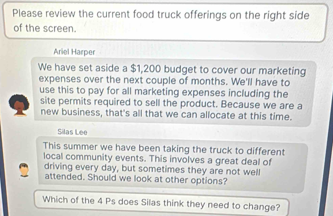 Please review the current food truck offerings on the right side 
of the screen. 
Ariel Harper 
We have set aside a $1,200 budget to cover our marketing 
expenses over the next couple of months. We'll have to 
use this to pay for all marketing expenses including the 
site permits required to sell the product. Because we are a 
new business, that's all that we can allocate at this time. 
Silas Lee 
This summer we have been taking the truck to different 
local community events. This involves a great deal of 
driving every day, but sometimes they are not well 
attended. Should we look at other options? 
Which of the 4 Ps does Silas think they need to change?